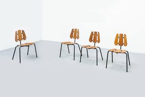CHESSA PAOLO  attribuito - Quattro sedie in legno  gambe in tondino di metallo verniciato. Anni '50 cm 76x42x40