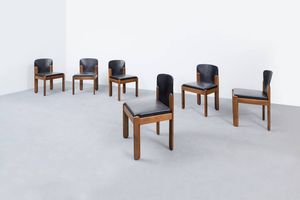 SILVIO COPPOLA - Otto sedie in legno di noce con sedute imbottite rivestite in pelle. Prod. Bernini anni '60 cm 80x45x45