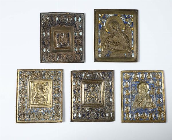 Lotto di cinque icone in bronzo dorato e smalti, Russia XIX secolo  - Asta Antiquariato - Associazione Nazionale - Case d'Asta italiane