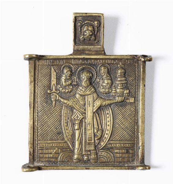 Piccola icona in bronzo dorato, Russia XIX secolo  - Asta Antiquariato - Associazione Nazionale - Case d'Asta italiane