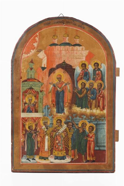 Icona in legno con Madonna e Santi, Russia XIX secolo  - Asta Antiquariato - Associazione Nazionale - Case d'Asta italiane