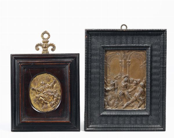 Due placchette in bronzo e bronzo dorato con scene religiose, XVIII-XIX secolo  - Asta Antiquariato - Associazione Nazionale - Case d'Asta italiane