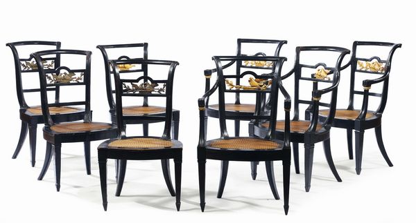 Insieme di quattro poltrone e quattro sedie in legno ebanizzato, XVIII secolo  - Asta Antiquariato - Associazione Nazionale - Case d'Asta italiane