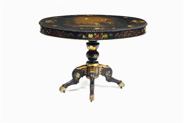 Tavolo ovale in legno ebanizzato e dipinto, XIX secolo  - Asta Antiquariato - Associazione Nazionale - Case d'Asta italiane