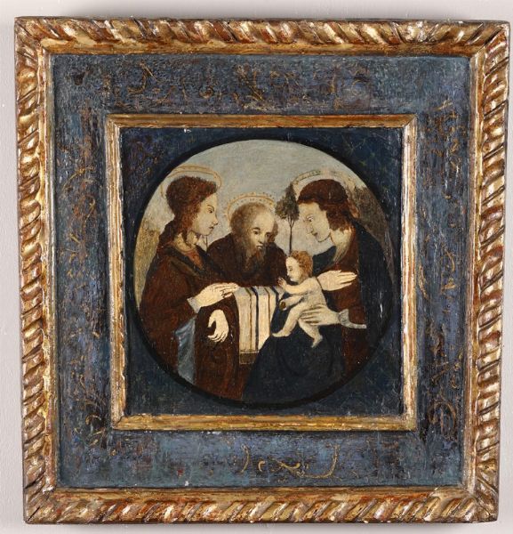 Dipinto raffigurante Sacra Famiglia su tavola in cornice laccata  - Asta Antiquariato - Associazione Nazionale - Case d'Asta italiane