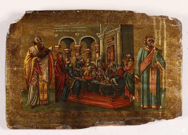 Icona fondo oro rappresentante Santi, XIX-XX secolo  - Asta Antiquariato - Associazione Nazionale - Case d'Asta italiane