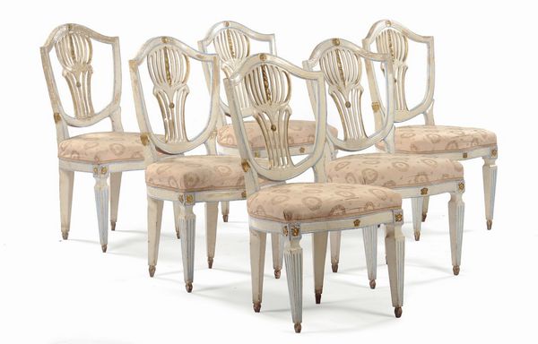 Sei sedie in legno laccato e dorato, XVIII secolo  - Asta Antiquariato - Associazione Nazionale - Case d'Asta italiane