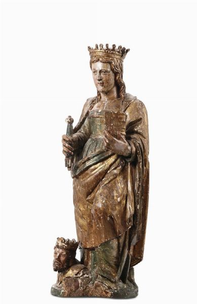 Figura di Santa con corona in legno policromo e dorato, scultore spagnolo o dellItalia meridionale del XVI secolo  - Asta Antiquariato - Associazione Nazionale - Case d'Asta italiane