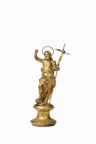 San Giovanni Battista in legno dorato su base tornita, scultore barocco attivo in Italia tra il XVII ed il XVIII secolo  - Asta Antiquariato - Associazione Nazionale - Case d'Asta italiane