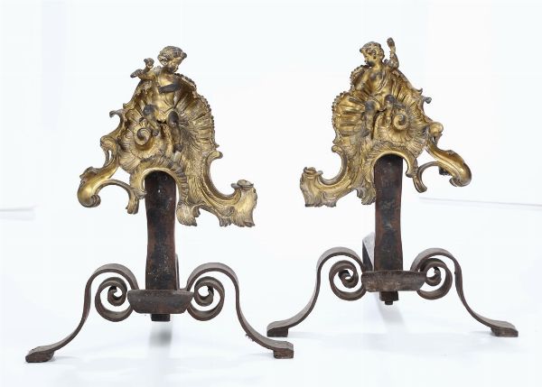 Coppia di alari in bronzo e bronzo dorato, XVIII-XIX secolo  - Asta Antiquariato - Associazione Nazionale - Case d'Asta italiane