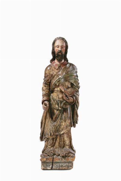Scultura in legno policromo raffigurante Santo, Italia o Spagna XVI-XVII secolo  - Asta Antiquariato - Associazione Nazionale - Case d'Asta italiane