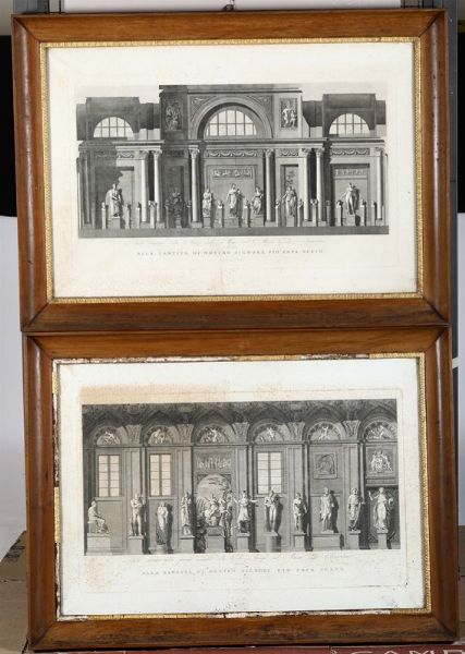 Sei stampe raffiguranti vedute del Museo Pio Clementino, XIX secolo  - Asta Antiquariato - Associazione Nazionale - Case d'Asta italiane
