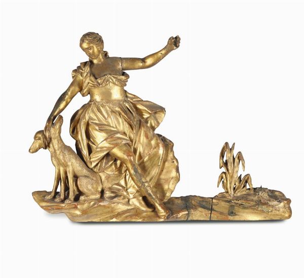Fregio in legno intagliato e dorato raffigurante dama con cani, XIX secolo  - Asta Antiquariato - Associazione Nazionale - Case d'Asta italiane