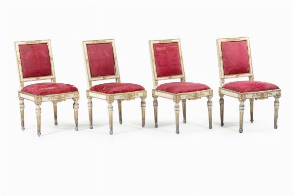Otto sedie in legno intagliato, laccato e dorato, fine XVIII secolo  - Asta Antiquariato - Associazione Nazionale - Case d'Asta italiane