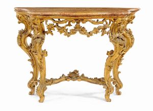 Console Luigi XV riccamente intagliata e dorata con specchiera, Genova, XVIII secolo  - Asta Antiquariato - Associazione Nazionale - Case d'Asta italiane