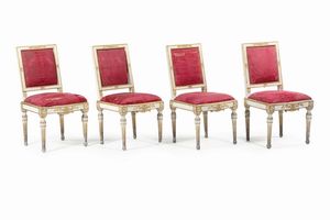 Otto sedie in legno intagliato, laccato e dorato, fine XVIII secolo  - Asta Antiquariato - Associazione Nazionale - Case d'Asta italiane