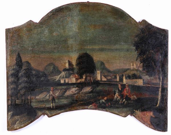 Scuola del XVIII secolo Paesaggio con scena galante  - Asta Dipinti Antichi - Associazione Nazionale - Case d'Asta italiane