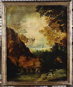 Scuola veneta, probabilmente del XVIII secolo Paesaggio boschivo con figure in riva a un lago  - Asta Dipinti Antichi - Associazione Nazionale - Case d'Asta italiane