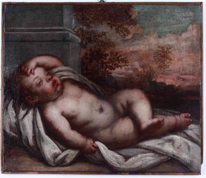 Scuola veneta del XVII secolo Ges Bambino dormiente  - Asta Dipinti Antichi - Associazione Nazionale - Case d'Asta italiane