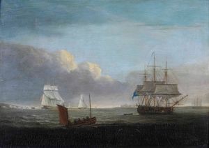 Thomas Luny (1759-1837), attribuito a Scena costiera con imbarcazioni  - Asta Arte Marinara e Strumenti Scientifici - Associazione Nazionale - Case d'Asta italiane