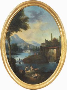 Scuola emiliana del XVIII secolo - Paesaggio fluviale con lavandaie e mulini