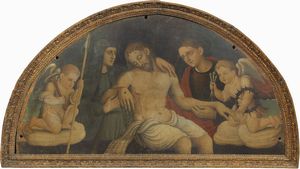 Scuola emiliano - marchigiana fine del XVI secolo - Deposizione con la Vergine, San Giovanni e due Angiolini con i simboli della Passione