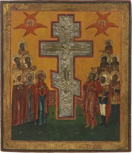 Icona del XIX secolo - Crocifissione con le tre Marie e Santi