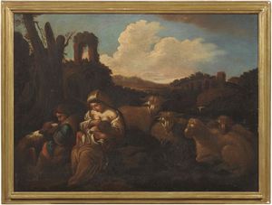 Scuola romana inizio XVIII secolo - Maternit con armenti in paesaggio con rovine