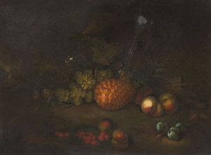 Jacob  Bogdani (seguace di) - Natura morta con frutta e pigna