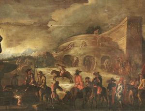 Scuola fiamminga del XVII secolo - Paesaggio con armigeri a cavallo
