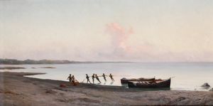 ,Achille Vertunni - Marina con pescatori - Paesaggio costiero con figure e ruderi
