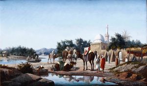 Scuola orientalista del XIX secolo Arabi sulla riva di un canale con sfondo di citt  - Asta Dipinti del XIX e XX Secolo - Associazione Nazionale - Case d'Asta italiane