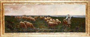 ,Alberto Rossi : Pastorella con gregge di pecore  - Asta Dipinti del XIX e XX Secolo - Associazione Nazionale - Case d'Asta italiane