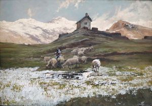 ,Cesare Gheduzzi : Paesaggio montano con pecore  - Asta Dipinti del XIX e XX Secolo - Associazione Nazionale - Case d'Asta italiane