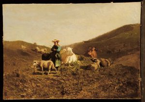 ,Carlo Pittara - Pastorella con mucche e pecora
