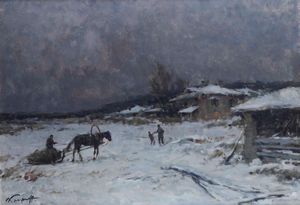 ,Ivan Karpoff - Paesaggio invernale con figure e slitta