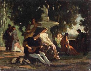 ,Federico Faruffini - Bozzetto (scena cortese accanto ad una  fontana)