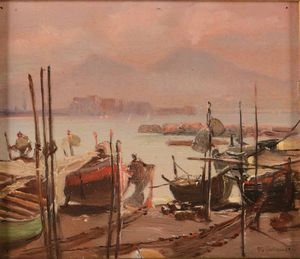 ,Francesco Galante - Marina con barche e Vesuvio