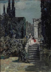 ,Emma Ciardi - Giardino con scalinata e figure in abiti settecenteschi, 1911