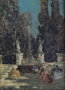 ,Emma Ciardi - Giardino con fontana e figure in abiti settecenteschi, 1911