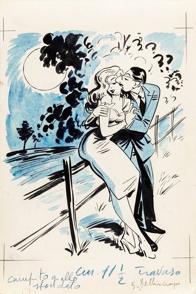 ,Belli (Gastone Bellincampi) : Bacio al chiaro di luna  - Asta Fumetti: tavole e illustrazioni originali - Associazione Nazionale - Case d'Asta italiane