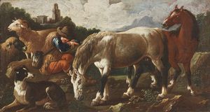 ARTISTA ROMANO DEL XVII SECOLO - Paesaggio con contadino e animali