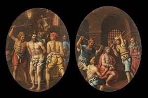 ARTISTA DEL XVII SECOLO - Coppia di dipinti raffiguranti flagellazione di Cristo e incoronazione di spine
