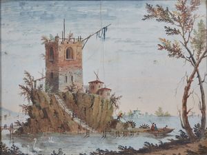 ARTISTA VENETO DEL XVIII SECOLO - Paesaggio con pescatori e torre