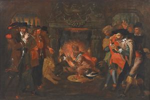 ARTISTA DEL XVII-XVIII SECOLO - Scena allegorica con gatto, scimmia, leone, gallo e personaggi