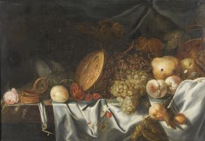 SIMONS MICHIELS (1620 - 1673) - Natura morta con melone, frutta e nautilus