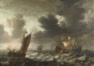 VAN DE VELDE WILLEM (1633 - 1707) - Marina con barche in tempesta