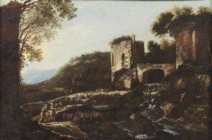 GARGIULO DOMENICO (1609 - 1675) - Attribuito a. Paesaggio con rovine e personaggi