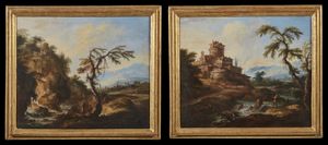 MARINI  ANTONIO MARIA (1668 - 1725) - Coppia di dipinti raffiguranti paesaggi con personaggi