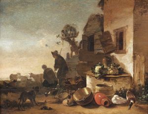 ARTISTA FIAMMINGO DEL XVIII SECOLO - Paesaggio con contadini e animali